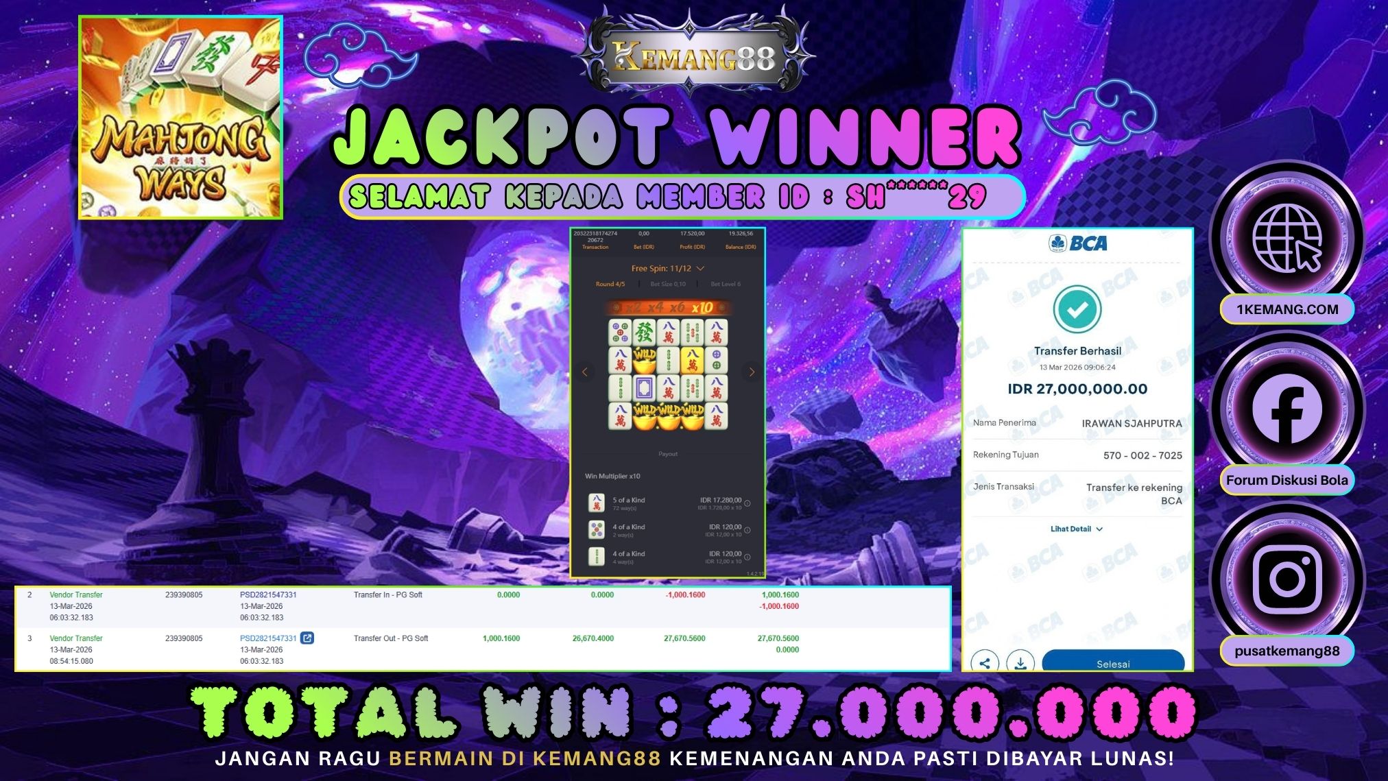 KEMANG88 [13 Maret 2026] : JACKPOT SLOT : MAHJONG WAYS 1 [PG] Rp. 27.000.000.,- LUNAS